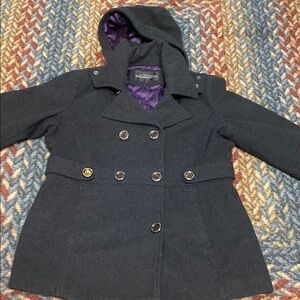 Women's Wool Double-Breasted Hooded Pea Coat - Black